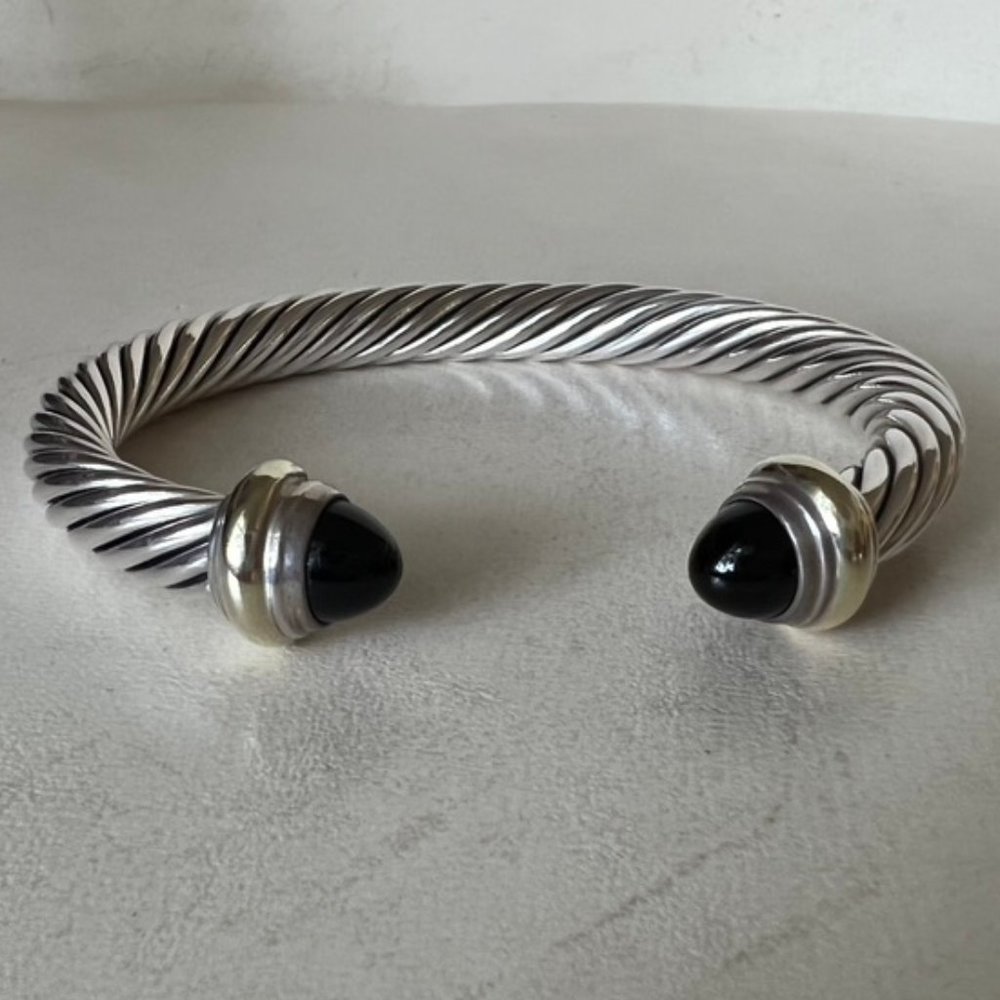 DAVID YURMAN 7mm Cable Classic Black Onyx Silver 14K Gold Bracelet Cuff